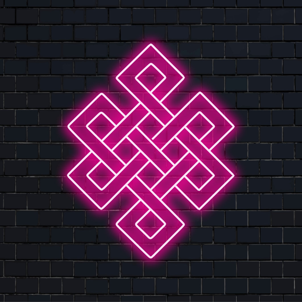 Símbolo de carma iluminado com um brilho contemporâneo, perfeito como uma impressionante arte de parede neon ou decoração personalizada com luz neon.