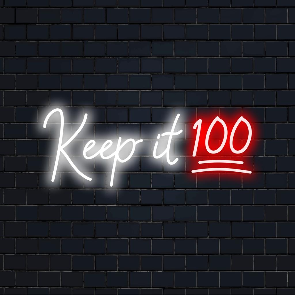 Placa de neon LED vibrante com a inscrição Keep It 100; ideal para decoração moderna de neon e arte de parede animada.