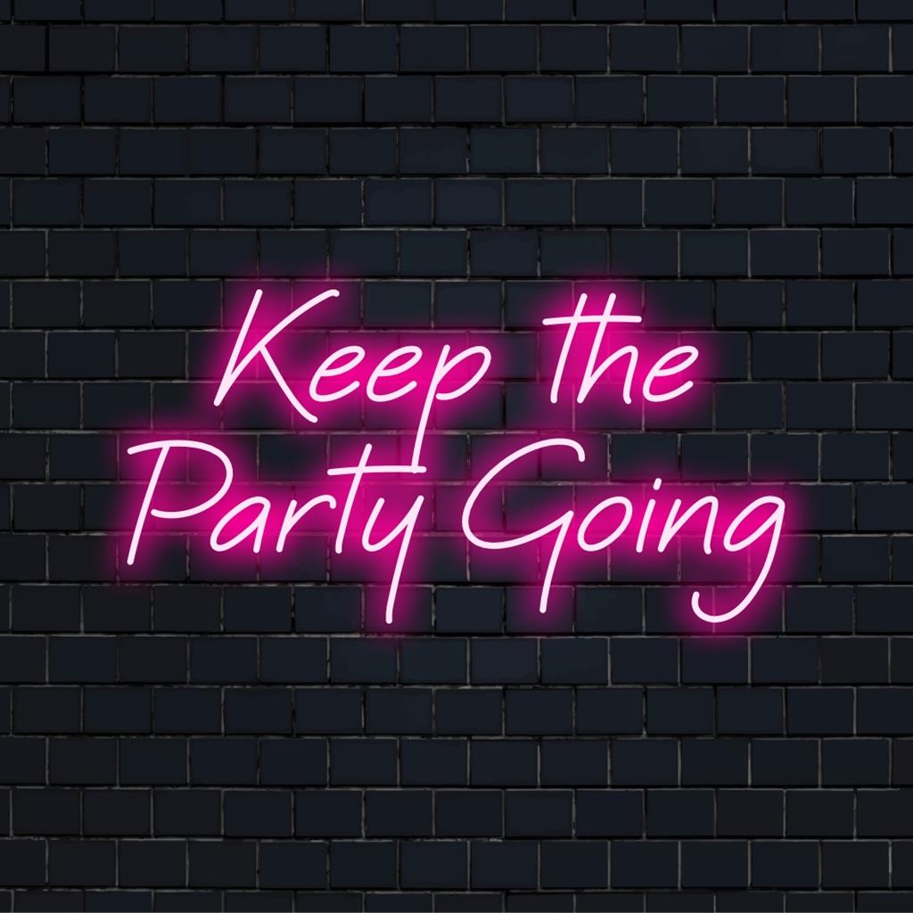 Placa de LED neon personalizada com a frase Keep The Party Going em cores vibrantes; perfeita para energizar seu espaço.