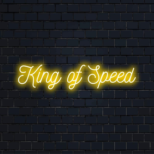 Custom LED neon sign featuring King Of Speed text in vibrant light, ideal for neon wall art and personalized décor.