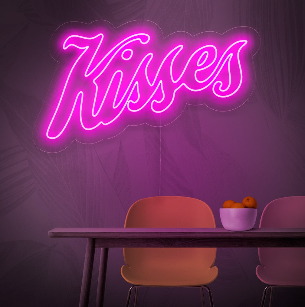 Um letreiro de neon iluminado com a palavra "Beijos", simbolizando amor e romance, adicionando um toque de paixão e charme a qualquer espaço