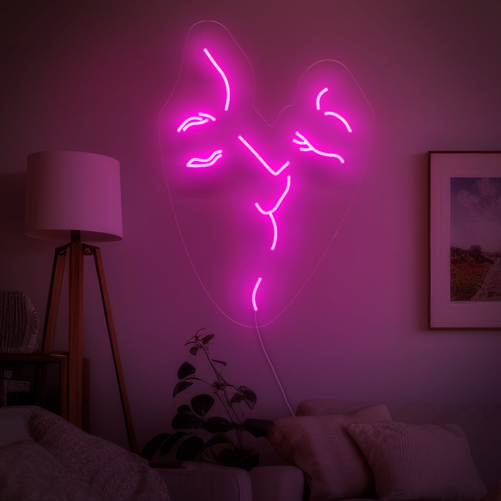 "Placa de neon abstrata de casal se beijando" ��� Crie o clima com esta placa de neon romântica. Perfeita para quartos e espaços íntimos.