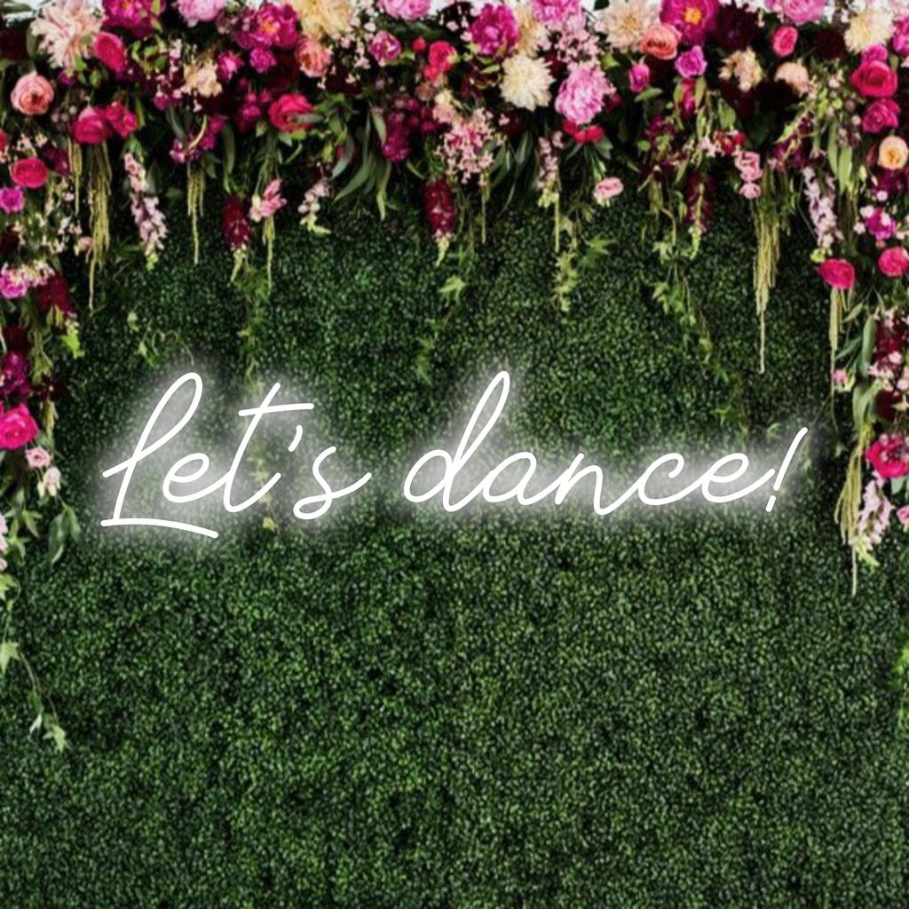 Letreiro de neon LED personalizado com o texto vibrante "Let's Dance!" para uma decoração vibrante. Arte de parede neon perfeita para energizar qualquer espaço.