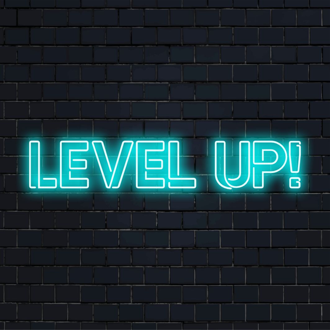 Placa de neon LED com o texto Level Up!, ideal para gamers, com arte neon vibrante e decoração de luz neon personalizada.