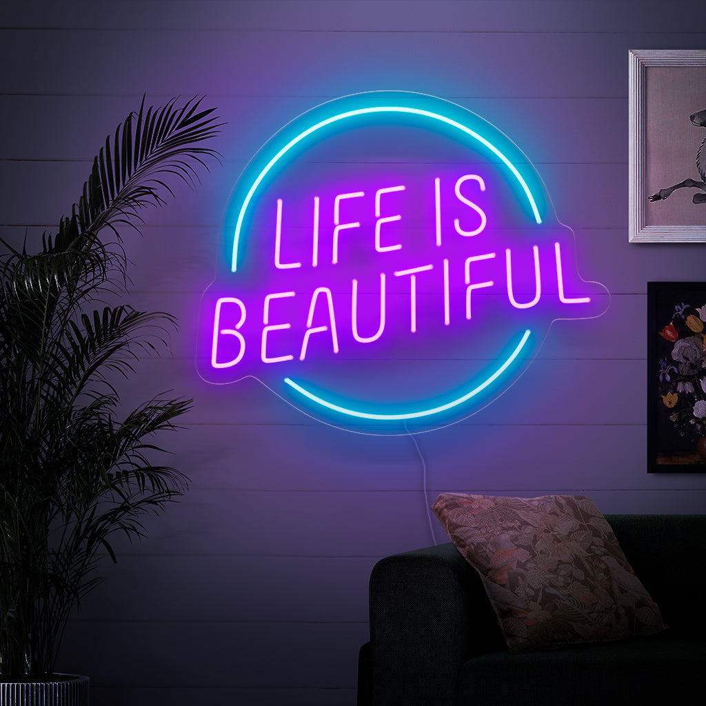 "A vida é bela, letreiro de neon" é um lembrete radiante com esta luz neon, espalhando positividade e alegria.