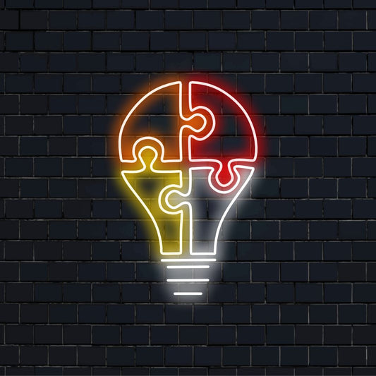 "Placa de Neon com Quebra-Cabeça de Lâmpada" é um complemento criativo para espaços inspiradores, ideal para escritórios e residências. Ilumine com intriga!