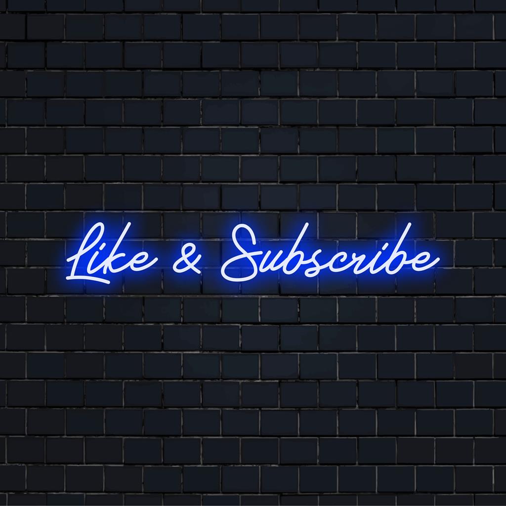 Placa de LED neon personalizada com os dizeres "Curtir" e "Inscrever-se" em letras vibrantes; perfeita para adicionar um toque único.