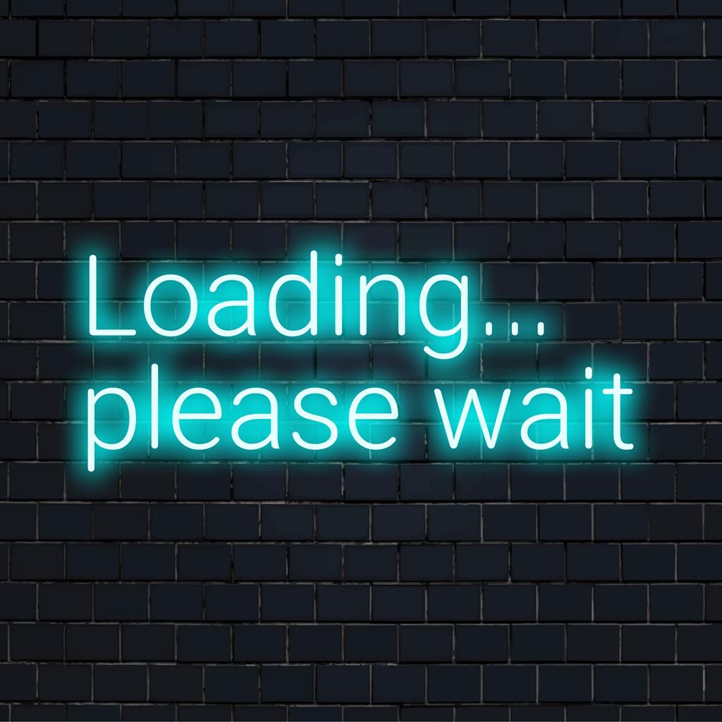 Formato de bateria com texto "Carregando... Aguarde"; letreiro de LED neon; decoração moderna perfeita para ambientes e design de texto personalizado.