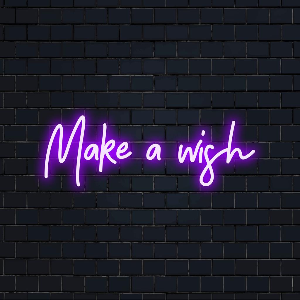 Placa de neon LED com os dizeres "Make A Wish", misturando palavras e arte para uma decoração vibrante e iluminação personalizada.