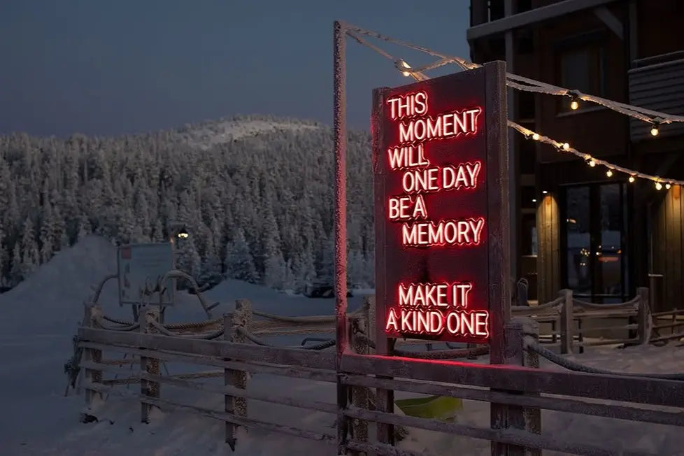 Outdoor LED neon text installation at Ruka Polar Night Light Festival in Finland