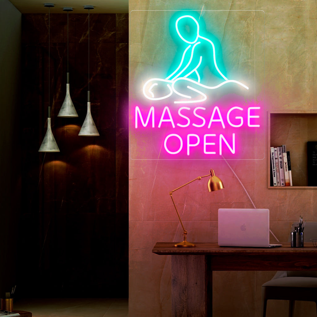 "Placa de Neon para Massagem Aberta" é um complemento convidativo e relaxante, perfeito para sinalizar um serviço de massagem ou spa aberto. Ilumine com relaxamento e tranquilidade!