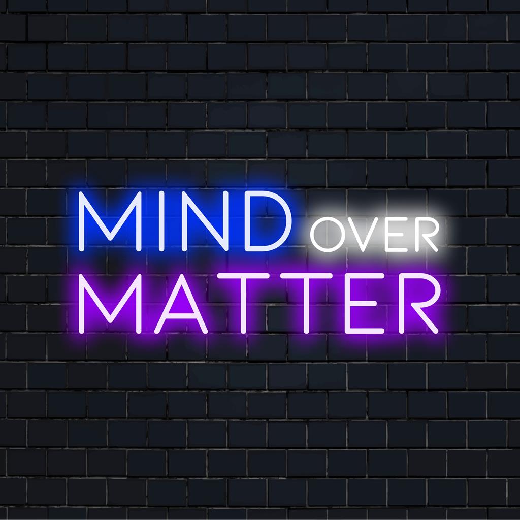 Letreiro de LED neon multicolorido e vibrante "Mente sobre a Matéria". Perfeito para decoração com uma mensagem motivacional personalizada.