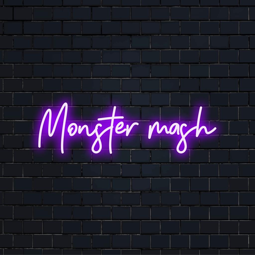 Placa de LED neon personalizada intitulada Monster Mash, com arte artesanal exclusiva para decoração de parede em neon vibrante.