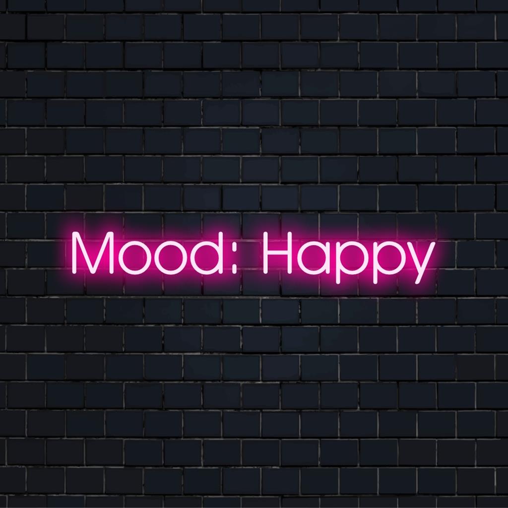 Placa de LED neon personalizada com a frase "Mood Happy" em cores brilhantes e vibrantes, perfeita para valorizar seu espaço.