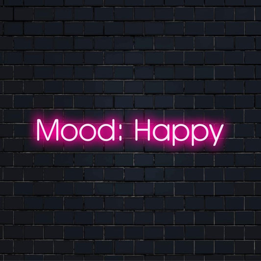 Placa de LED neon personalizada com a frase "Mood Happy" em cores brilhantes e vibrantes, perfeita para valorizar seu espaço.