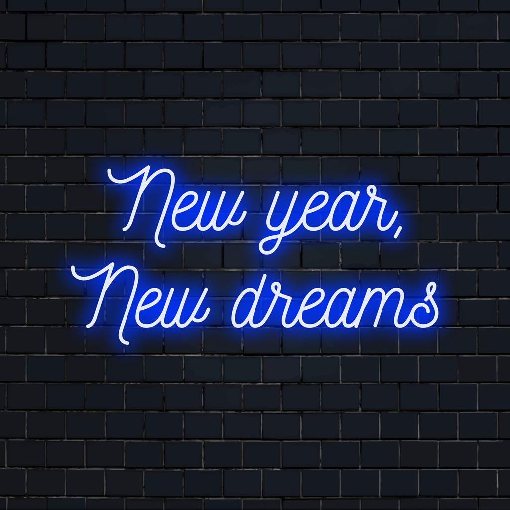 Placa de LED neon vibrante e personalizada, "Ano Novo, Novos Sonhos", perfeita para adicionar um toque de otimismo e decoração moderna a qualquer espaço.