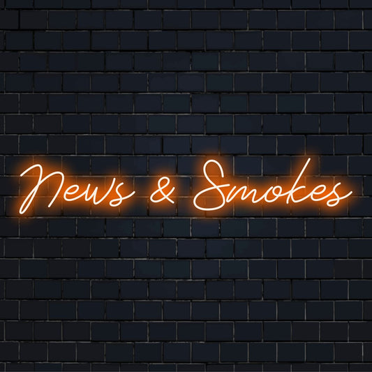 Placa de LED neon iluminada com design de texto News & Smokes, ideal para estética retrô moderna e decoração de parede vibrante.
