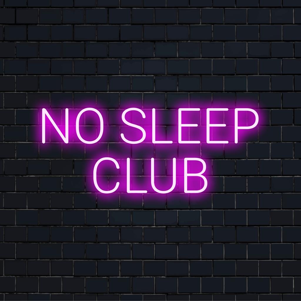 Placa de neon LED com a frase No Sleep Club em neon ousado e chamativo, perfeita para decoração de interiores vibrante.