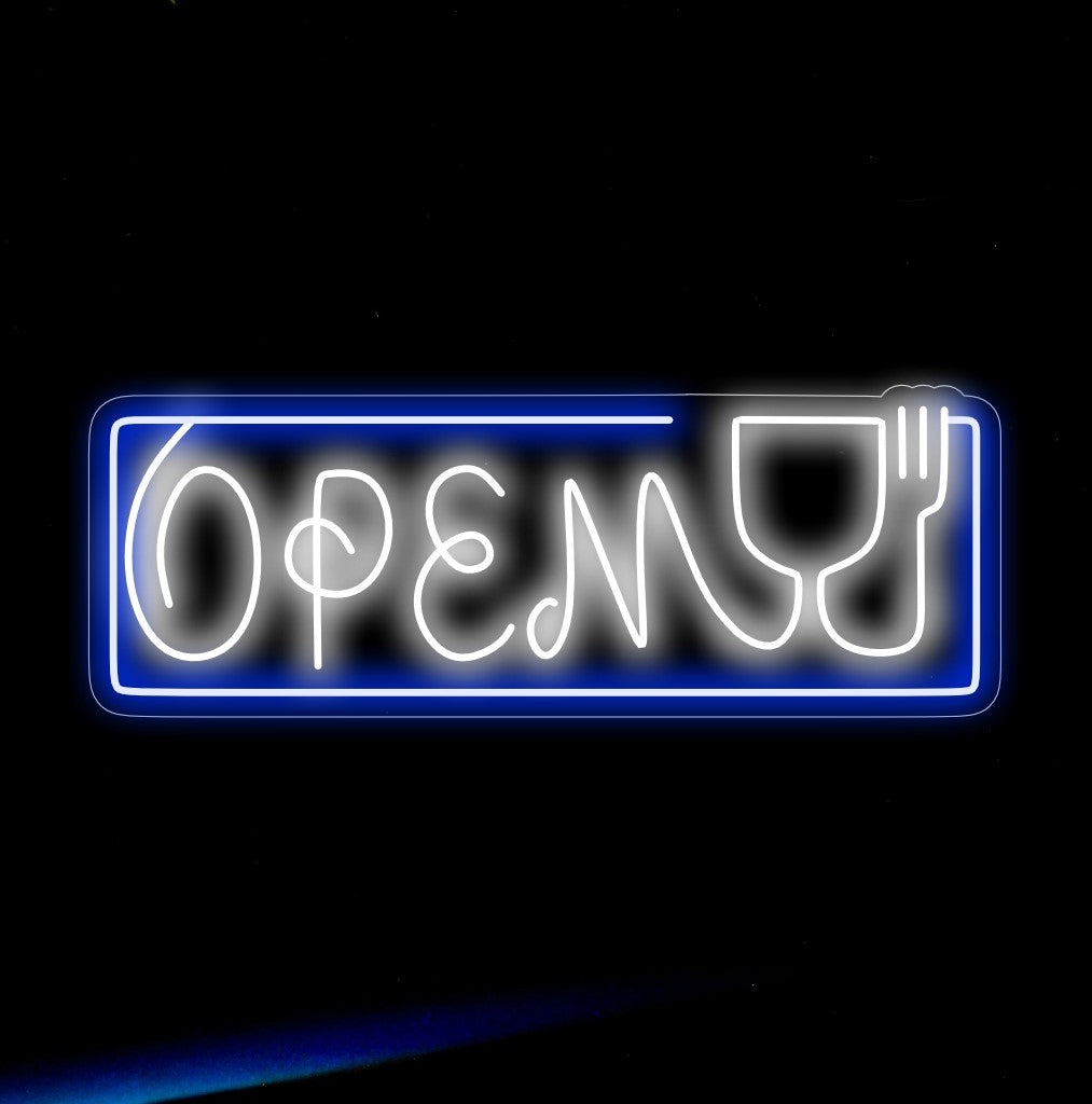 O letreiro neon "Abra com Garfo e Copo" é um toque gourmet e refinado, perfeito para restaurantes que convidam os clientes a desfrutar de uma experiência gastronômica deliciosa. Ilumine com a promessa de delícias culinárias!