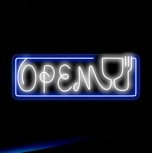 O letreiro neon "Abra com Garfo e Copo" é um toque gourmet e refinado, perfeito para restaurantes que convidam os clientes a desfrutar de uma experiência gastronômica deliciosa. Ilumine com a promessa de delícias culinárias!