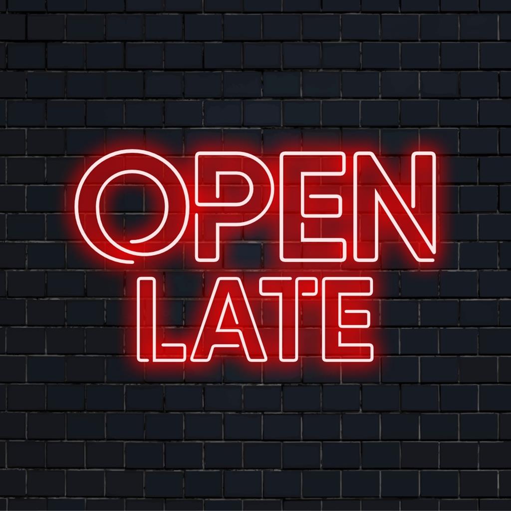 Placa de neon LED personalizada com a inscrição Open Late, ideal para adicionar um brilho vibrante e convidativo a qualquer espaço.