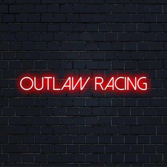 Placa de LED neon vibrante e personalizada da Outlaw Racing; uma mistura de cores vivas criando uma arte de parede impressionante para qualquer espaço.