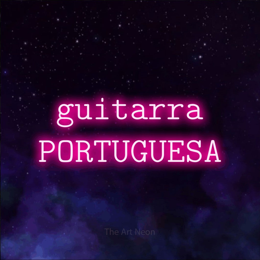 LED neon sign reading “guitarra PORTUGUESA”, arranged in 2 lines.