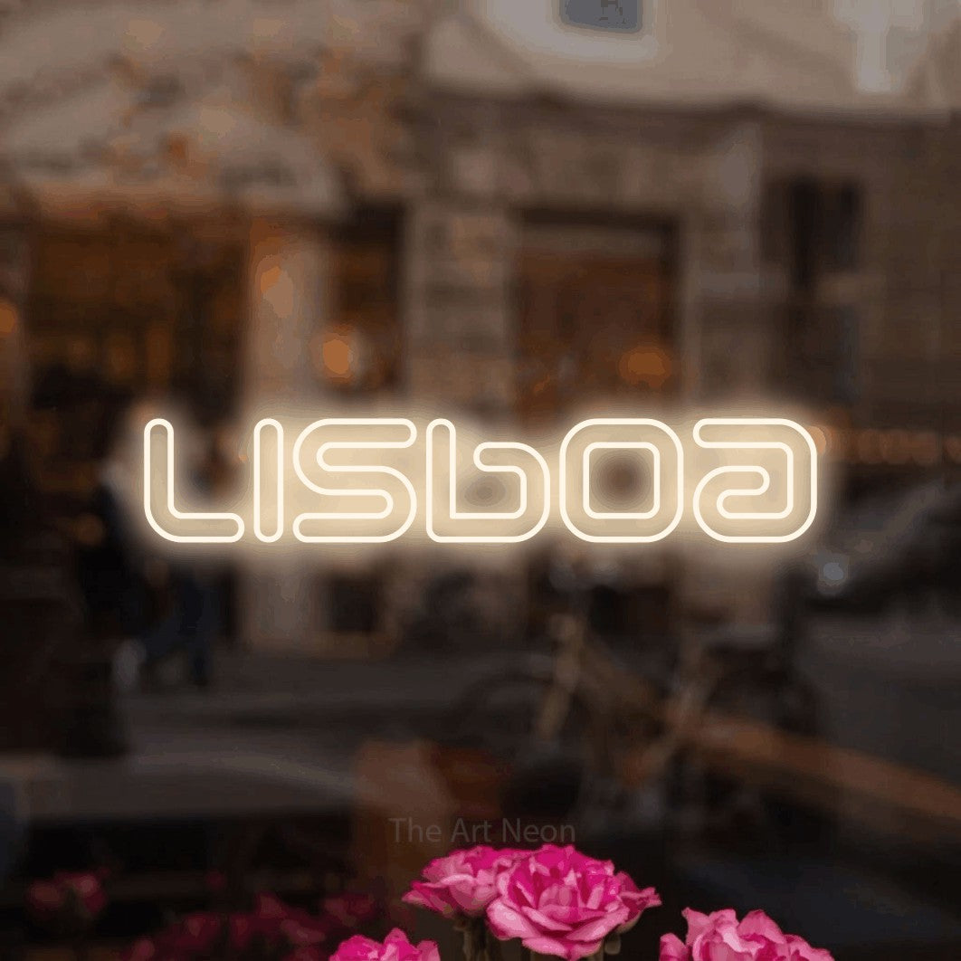 LED neon sign reading “Lisboa”, arranged in a single line.