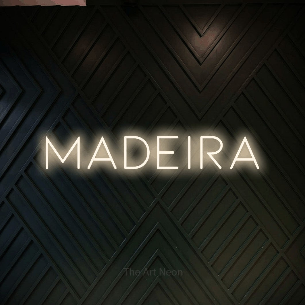 LED neon sign reading “madeira”, arranged in a single line.