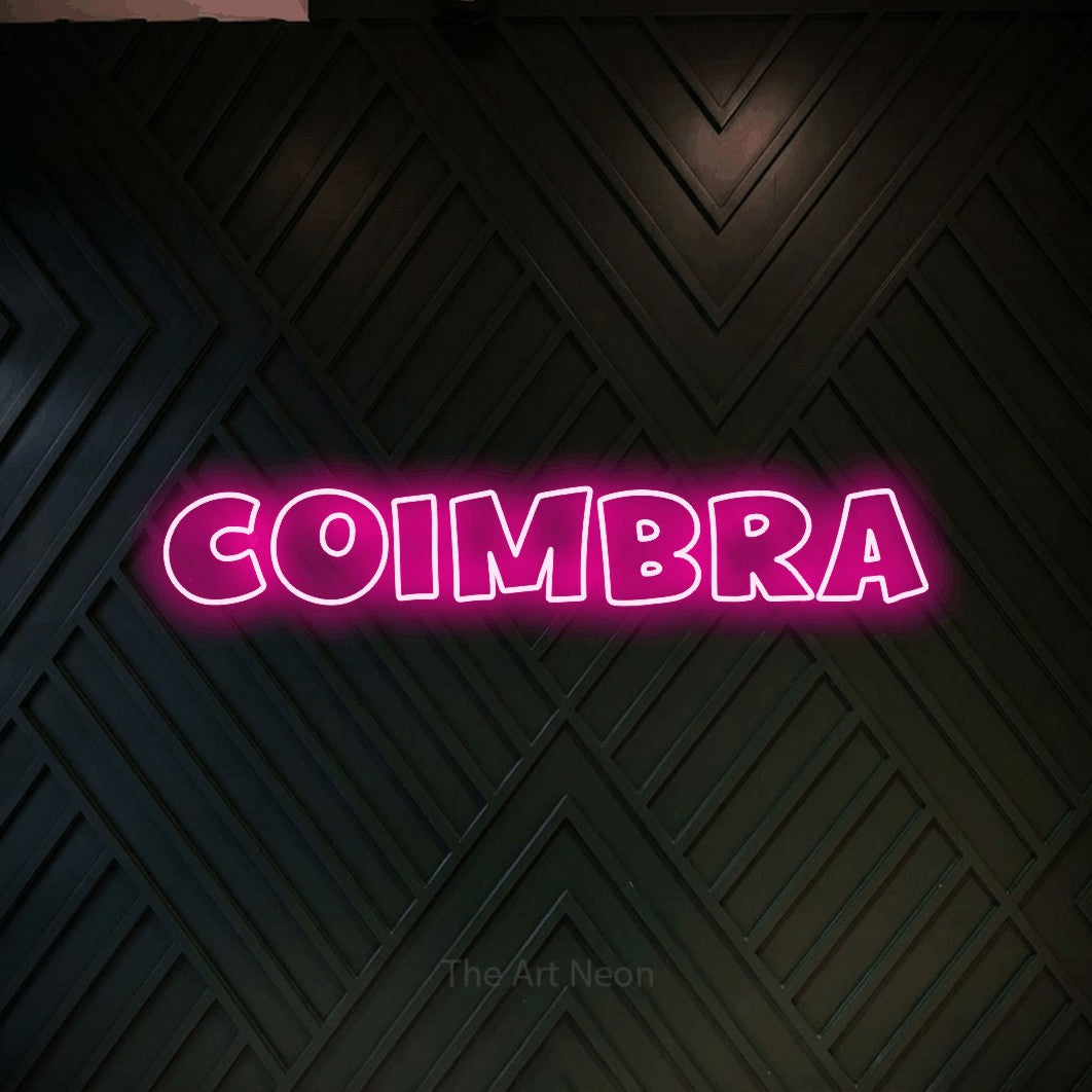 LED neon sign reading “Coimbra”, arranged in a single line.