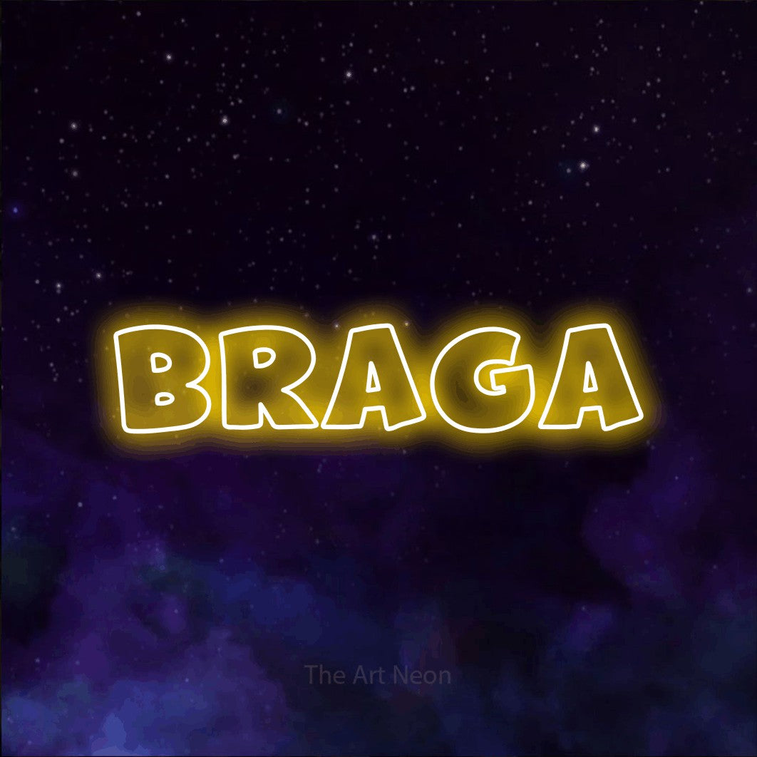 LED neon sign reading “Braga”, arranged in a single line.