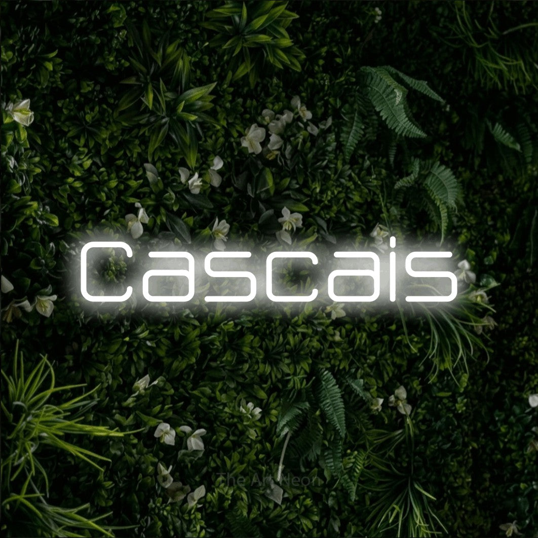 LED neon sign reading “Cascais”, arranged in a single line.