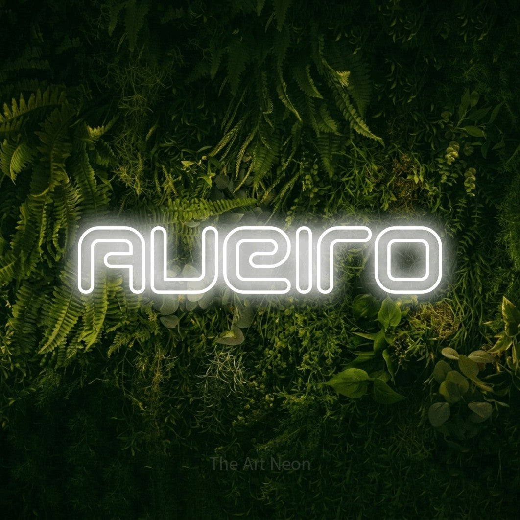 LED neon sign reading “Aveiro”, arranged in a single line.