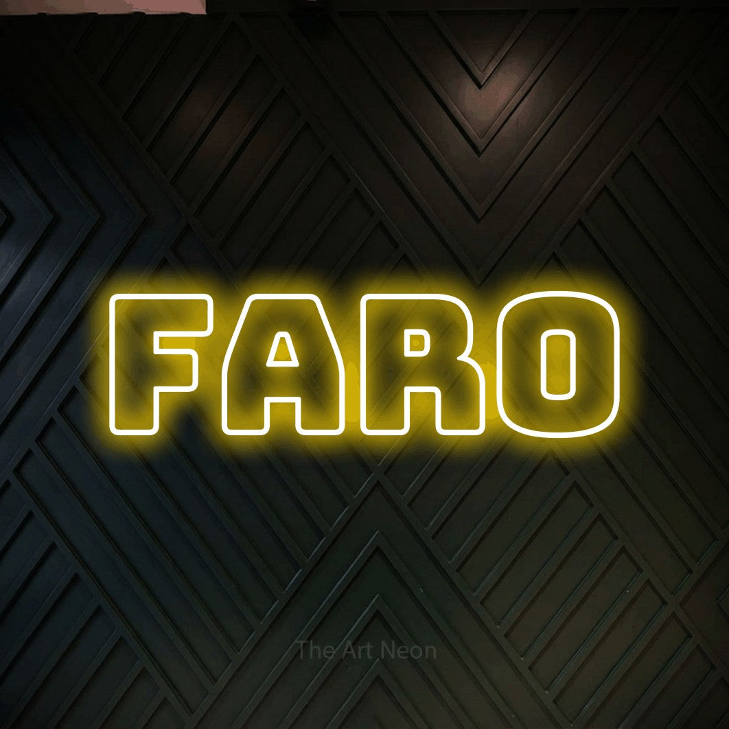 LED neon sign reading “FARO”, arranged in a single line.