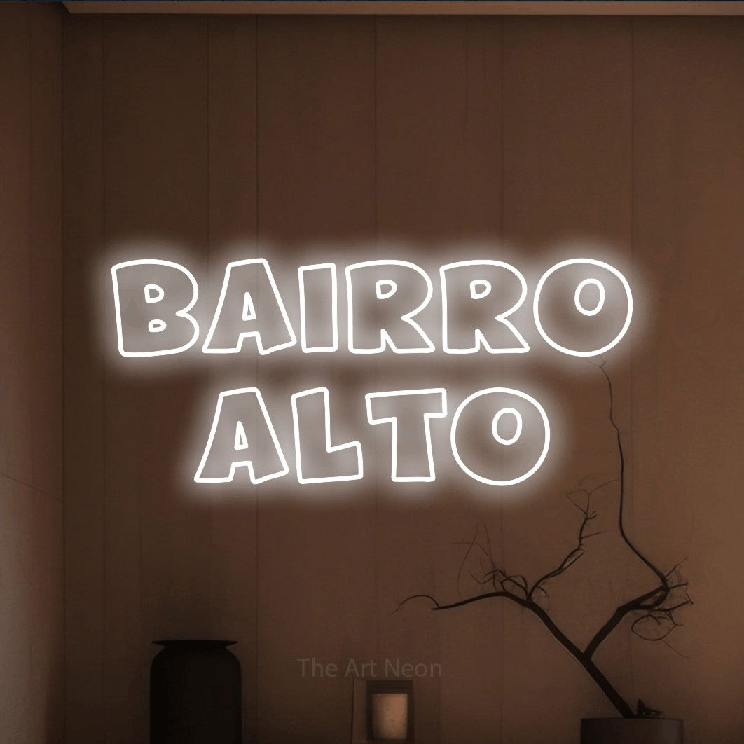 LED neon sign reading “bairro alto”, arranged in 2 lines.