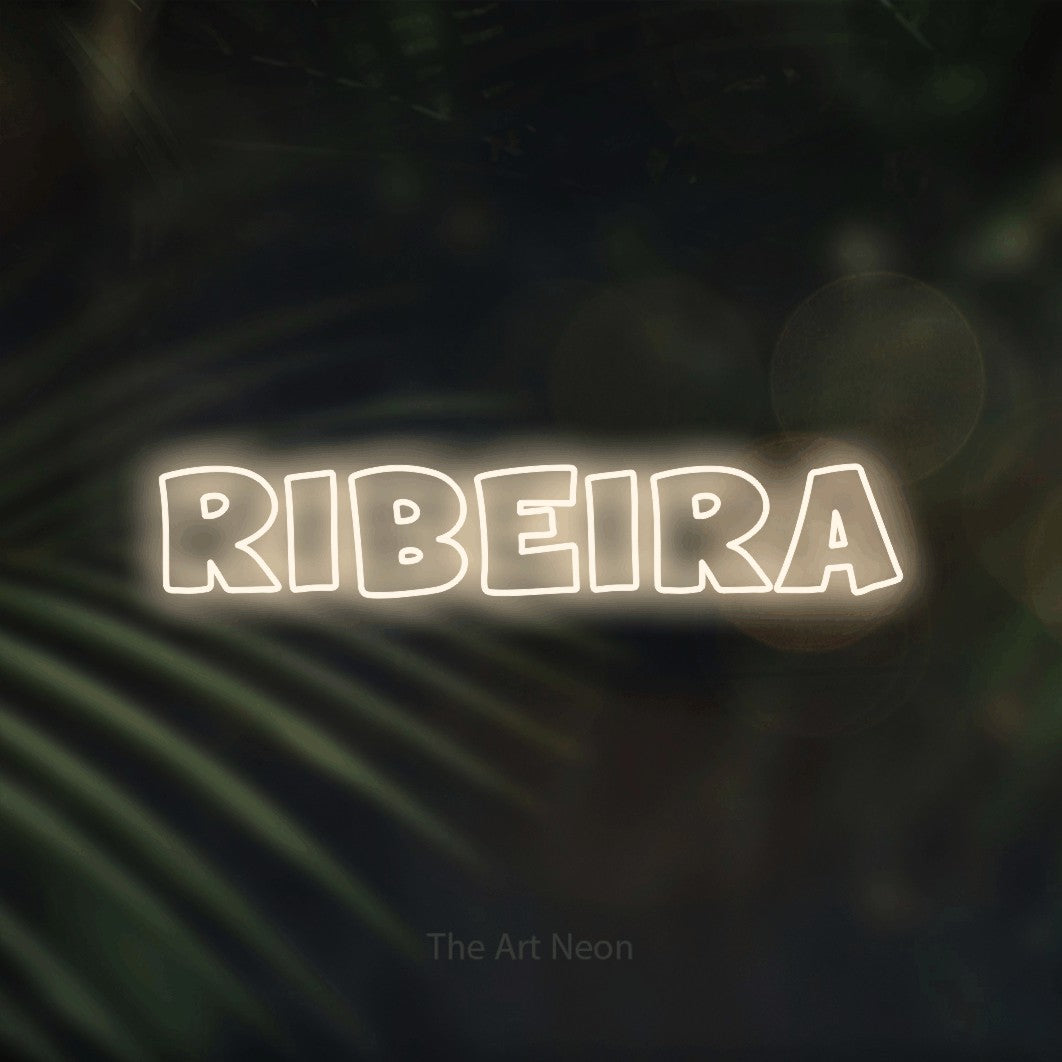 LED neon sign reading “RIBEIRA”, arranged in a single line.
