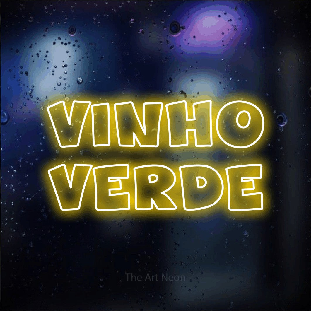 LED neon sign reading “Vinho Verde”, arranged in 2 lines.