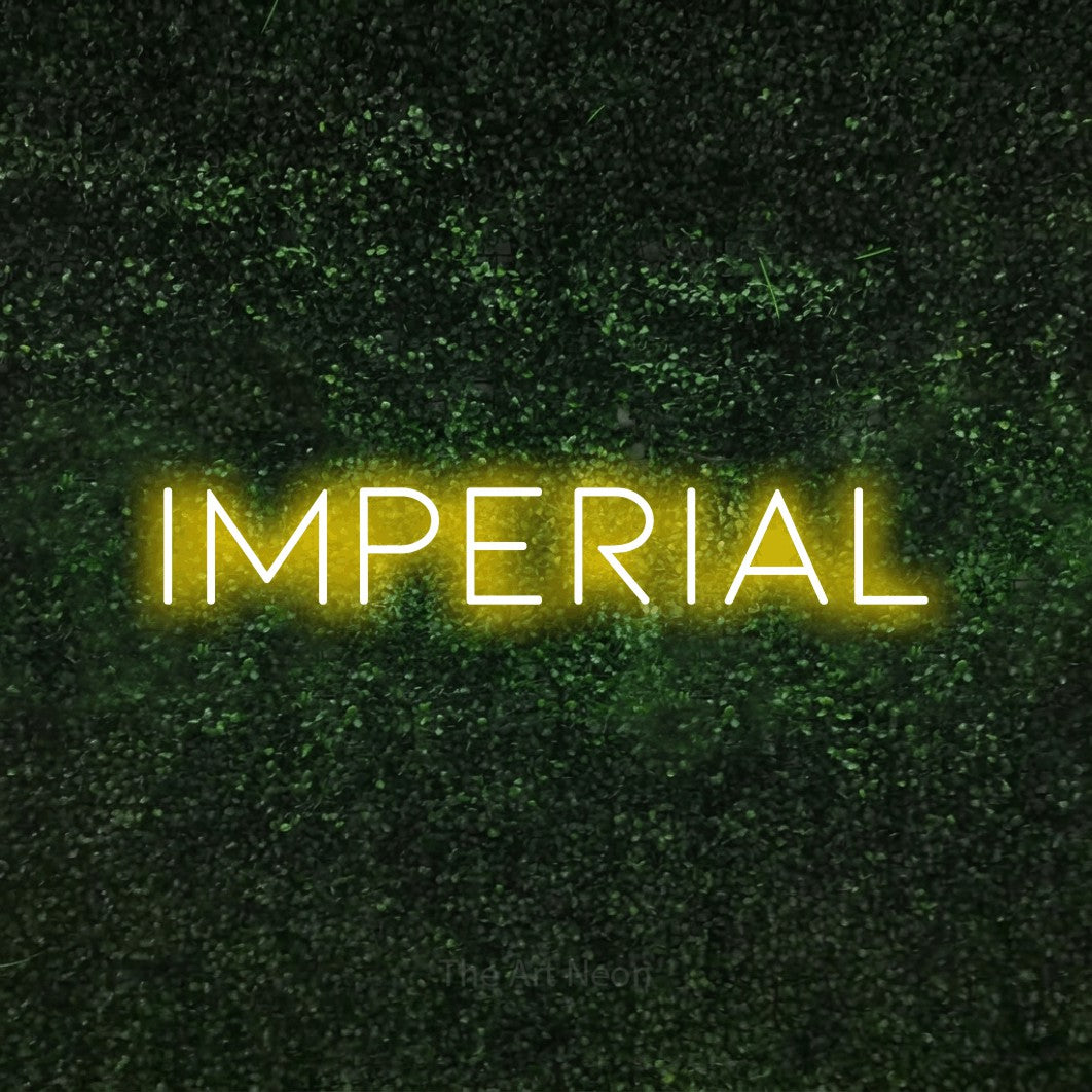 LED neon sign reading “imperial”, arranged in a single line.