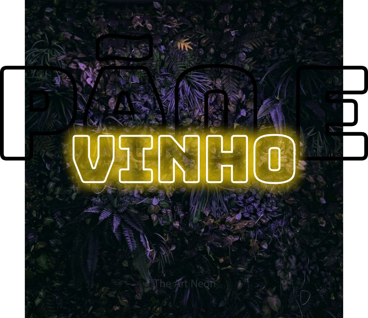 LED neon sign reading “pão e vinho”, arranged in 2 lines.