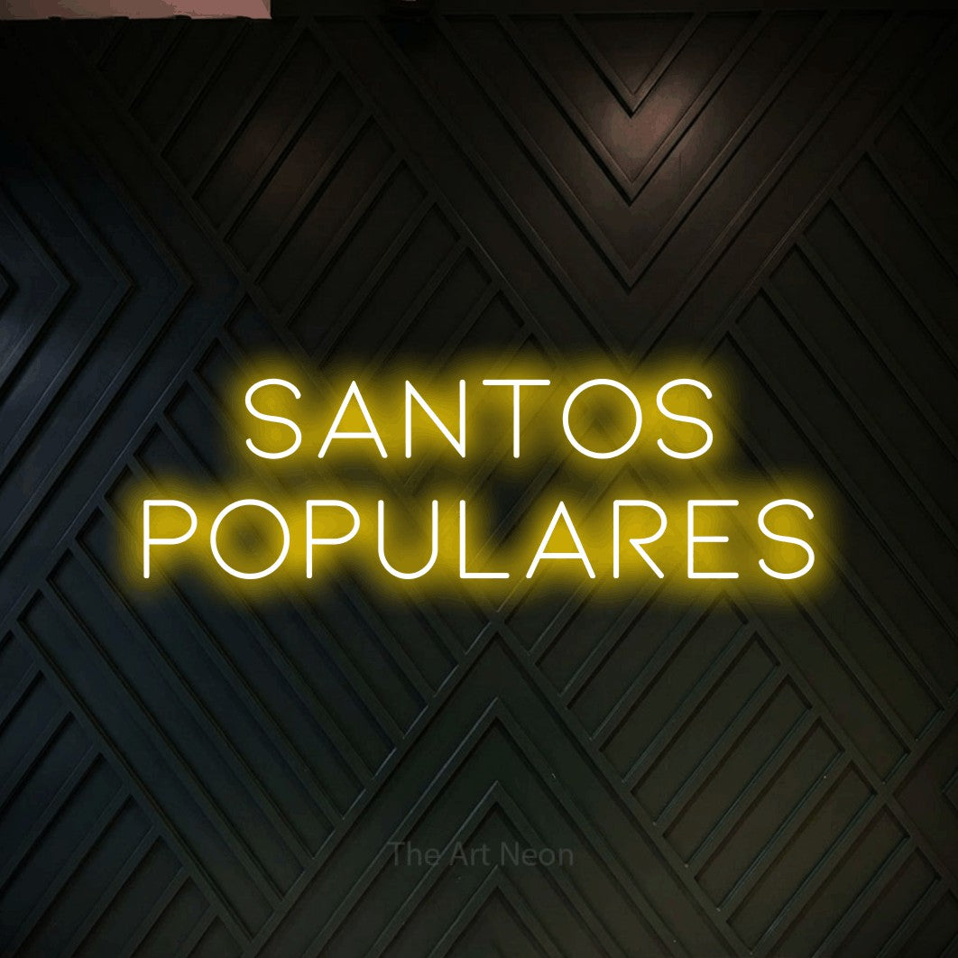 LED neon sign reading “Santos Populares”, arranged in 2 lines.