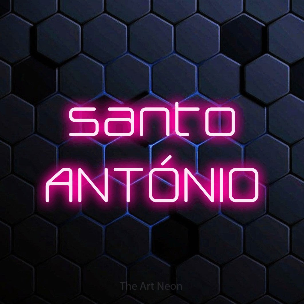 LED neon sign reading “santo ANTÓNIO”, arranged in 2 lines.