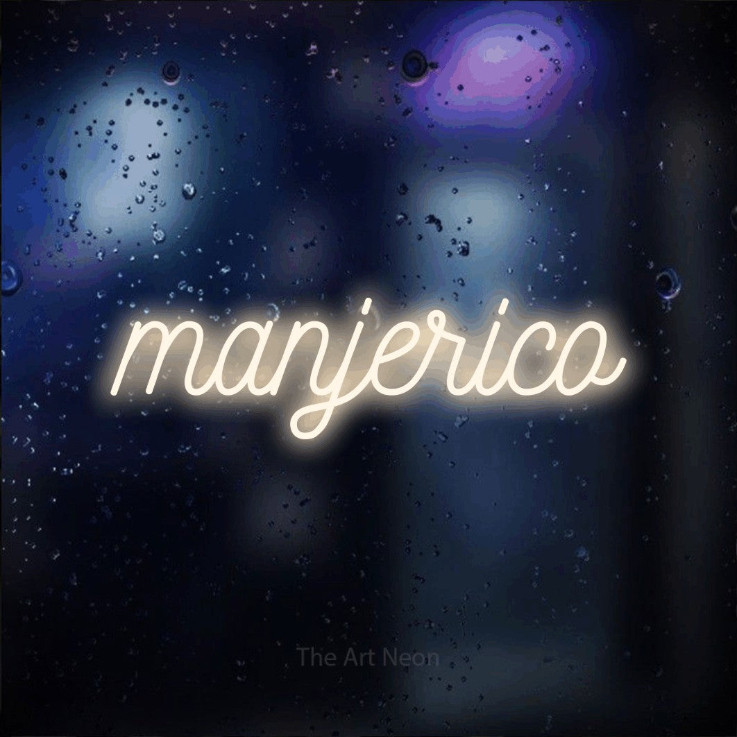 LED neon sign reading “manjerico”, arranged in a single line.