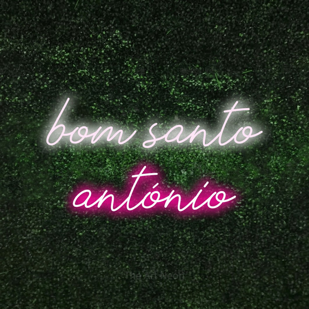 LED neon sign reading “bom santo antónio”, arranged in 2 lines.