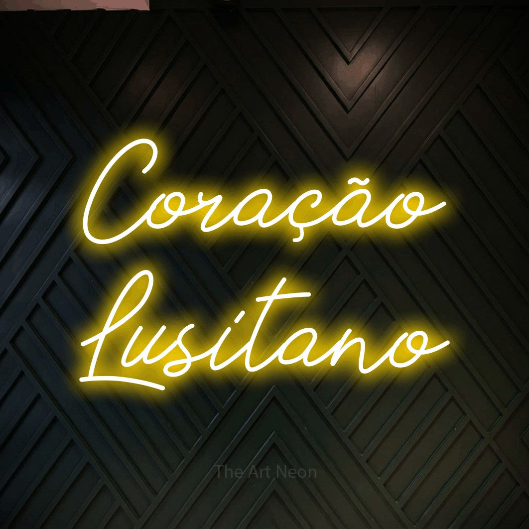 LED neon sign reading “Coração Lusitano”, arranged in 2 lines.