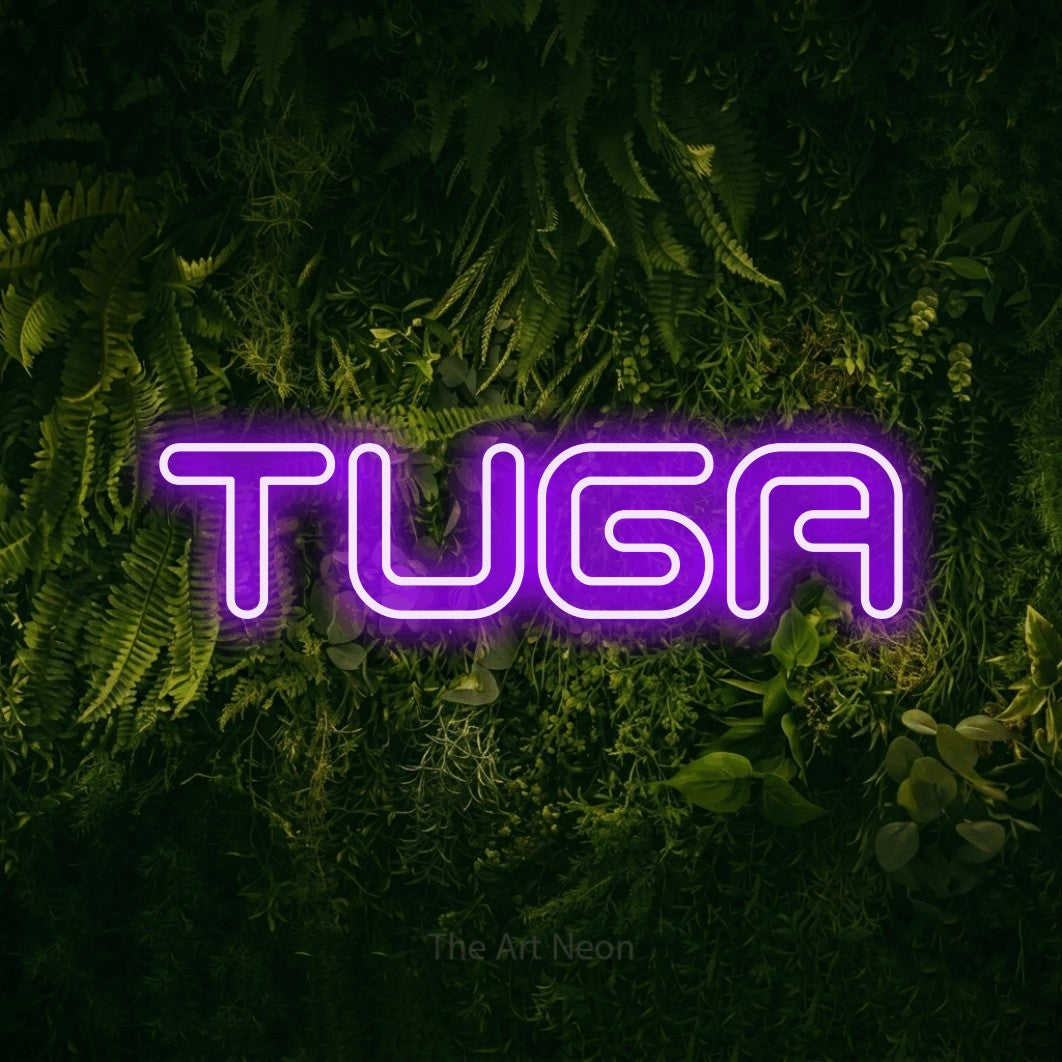 LED neon sign reading “TUGA”, arranged in a single line.
