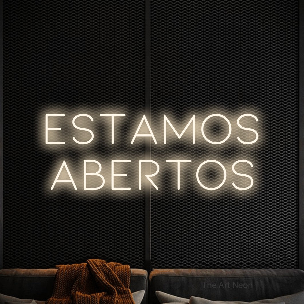 LED neon sign reading “estamos abertos”, arranged in 2 lines.