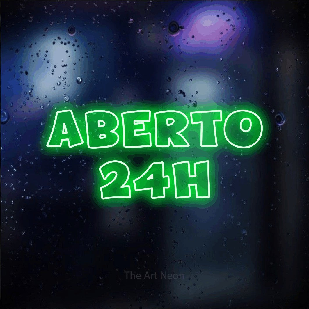 LED neon sign reading “ABERTO 24H”, arranged in 2 lines.