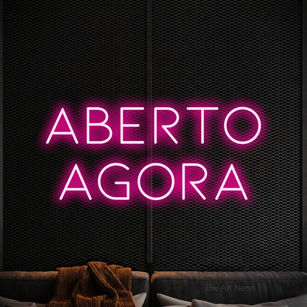 LED neon sign reading “aberto agora”, arranged in 2 lines.