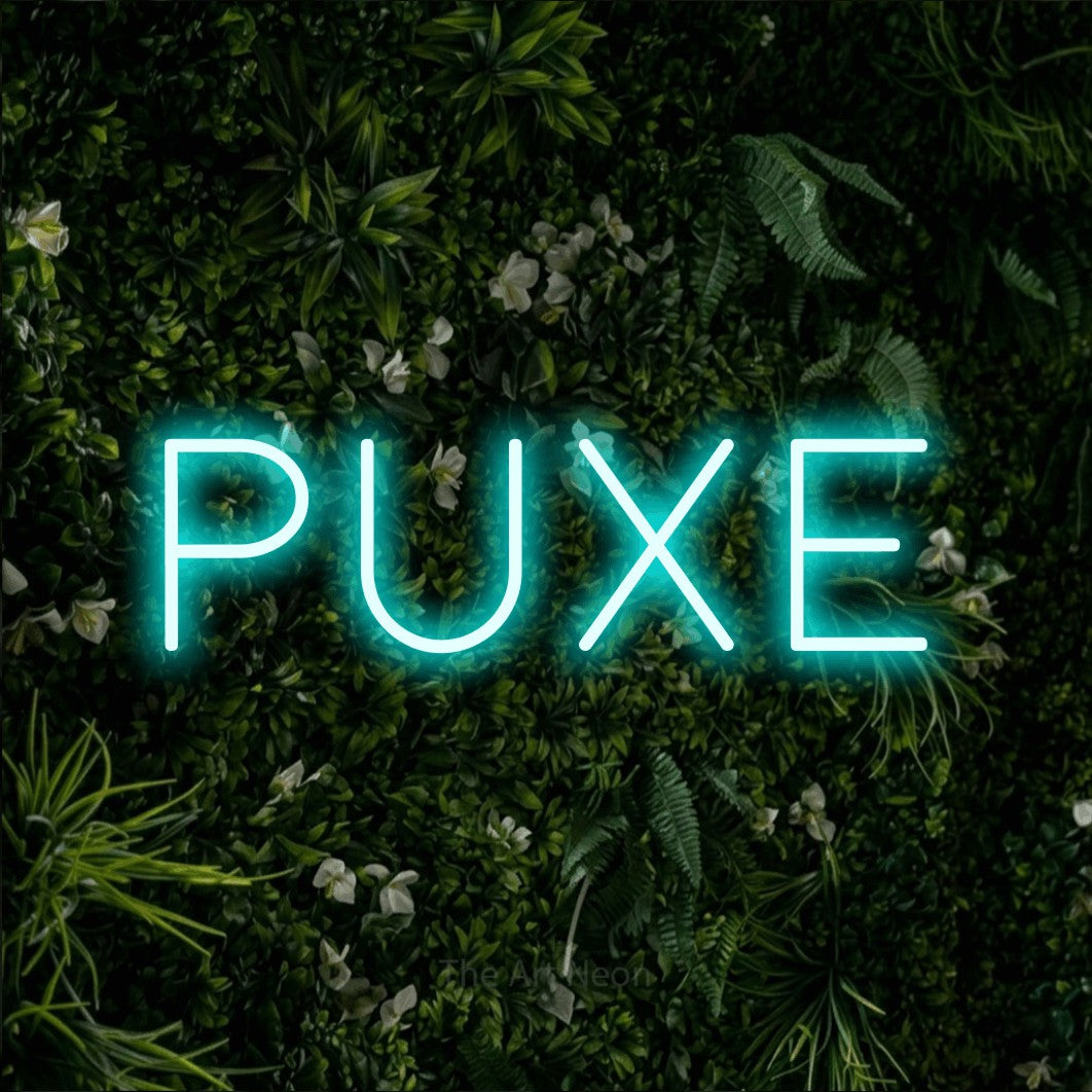 LED neon sign reading “Puxe”, arranged in a single line.