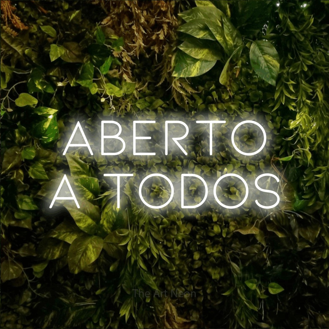 LED neon sign reading “ABERTO a todos”, arranged in 2 lines.
